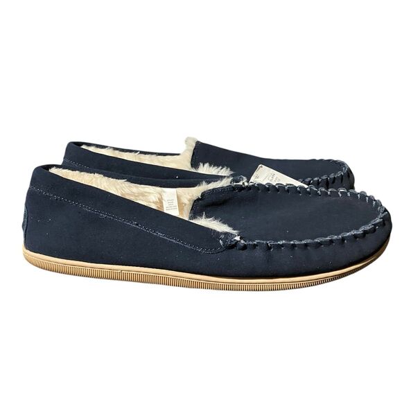 J Crew Mens 12 Slippers Navy Suede Moccasins Fleece Lined Indoor House Cozy Fall - Picture 2 of 8